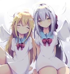 Rule 34 | 2girls, arm support, barefoot, blonde hair, blue sailor collar, blush, bow, closed eyes, closed mouth, commentary request, cross, cross hair ornament, dress, feathers, gabriel dropout, gabriel tenma white, hair between eyes, hair ornament, head tilt, kyuukon (qkonsan), latin cross, long hair, multiple girls, raphiel shiraha ainsworth, red bow, sailor collar, sailor dress, silver hair, sitting, smile, very long hair, white dress, white feathers, white wings, wings, yellow eyes