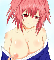 Rule 34 | 1girl, bad id, bad pixiv id, breast slip, breasts, breasts out, collarbone, female focus, gradient background, highres, large breasts, nipples, off shoulder, one breast out, onozuka komachi, red eyes, red hair, sideboob, solo, topless, toranashi, touhou, upper body