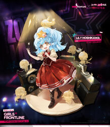 Rule 34 | 1girl, blue hair, boots, bow, bowtie, brown footwear, character name, chibi, commentary, copyright name, cui pi zha xia qiu, dress, english commentary, english text, full body, girls&#039; frontline, hair ornament, hands up, highres, holding, holding microphone, hologram, hoshikawa lily, konno junko, light blue hair, light rays, long hair, looking at viewer, microphone, minamoto sakura, mini person, minigirl, mizuno ai, nikaidou saki, no socks, official alternate costume, official art, open mouth, promotional art, puffy short sleeves, puffy sleeves, red bow, red bowtie, red dress, shirt, short sleeves, smile, solo, stage, standing, star (symbol), star hair ornament, stereo, teeth, upper teeth only, white shirt, wire, yamada tae, yellow eyes, yuugiri (zombie land saga), zombie land saga