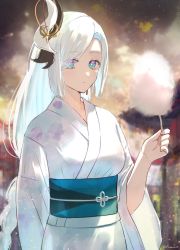 Rule 34 | 1girl, alternate costume, arm at side, blue kimono, blurry, blurry background, braid, breasts, bright pupils, candy, closed mouth, cloud, commentary request, cotton candy, expressionless, food, fujito (call f ), genshin impact, gradient eyes, hair ornament, hair over one eye, highres, holding, holding candy, holding food, japanese clothes, kimono, long hair, looking at viewer, low-braided long hair, low-tied long hair, medium breasts, multicolored eyes, night, night sky, obi, pink eyes, sash, shenhe (genshin impact), sidelocks, sky, solo, star (sky), starry sky, upper body, white hair, white pupils, wide sleeves, yukata