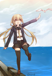Rule 34 | 10s, 1girl, balancing, belt, bird, black thighhighs, blonde hair, blue jacket, brown eyes, cloud, cloudy sky, crescent, crescent pin, day, hachimitsu (hati718), jacket, kantai collection, loafers, long hair, necktie, ocean, open mouth, outstretched arm, satsuki (kancolle), satsuki kai ni (kancolle), school uniform, seagull, serafuku, shoes, shorts, sky, solo, standing, standing on one leg, thighhighs, twintails, twitter username, yellow necktie