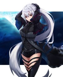 Rule 34 | 1girl, absurdres, arknights, arms up, black coat, black gloves, black pants, breasts, chinese commentary, coat, commentary request, cowboy shot, elbow gloves, ema (kuguiema), gloves, hair between eyes, highres, long hair, looking at viewer, medium breasts, no headwear, pants, ponytail, red eyes, silver hair, skadi (arknights), smile, solo, standing, thighs, very long hair