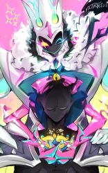 Rule 34 | 1boy, 1other, black skin, bow, bowtie, character name, colored skin, commentary request, crown, fiddlesticks, fidorubeibi, fur collar, green bow, green bowtie, grin, hands on another&#039;s shoulders, league of legends, looking down, multicolored background, pink background, pink bow, pink bowtie, shaco, smile, star nemesis fiddlesticks, upper body, yellow background