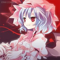 Rule 34 | 1girl, bad id, bad pixiv id, blue hair, blush, female focus, grin, hanepochi, hat, lowres, md5 mismatch, nail polish, red eyes, remilia scarlet, short hair, smile, solo, touhou