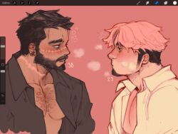 Rule 34 | 2boys, akumicke, bara, beard, black hair, black shirt, blush, breath, chest hair, collared shirt, cropped torso, dark-skinned male, dark skin, ear blush, ear piercing, eye contact, facial hair, goatee, highres, interracial, long sideburns, looking at another, male focus, mature male, multicolored hair, multiple boys, muscular, muscular male, mustache, neckbeard, nose blush, nose piercing, nose ring, open clothes, open shirt, original, parted bangs, pectoral cleavage, pectorals, piercing, pink background, pink theme, receding hairline, scar, scar on face, scar on nose, shirt, short hair, sideburns, sideburns stubble, stitches, stubble, thick eyebrows, two-tone hair, unfinished, upper body, white shirt, yaoi