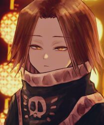 Rule 34 | 1boy, aota uno, black cloak, blurry, blurry background, brown hair, cloak, closed mouth, commentary, feitan portor, frown, hanging lantern, highres, hunter x hunter, lantern, looking at viewer, male focus, paper lantern, parted bangs, portrait, short hair, skull print, solo, turtleneck, yellow eyes