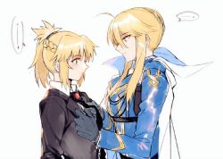 Rule 34 | 2girls, ahoge, artoria pendragon (all), artoria pendragon (fate), artoria pendragon (lancer) (fate), artoria pendragon (lancer) (formal dress) (fate), black neckwear, blonde hair, blush, fate/grand order, fate (series), from side, gloves, green eyes, holding tie, long sleeves, looking at another, mordred (fate), mordred (fate/apocrypha), mordred (formal dress) (fate), mother and daughter, multiple girls, necktie, ponytail, saber (fate), sidelocks, upper body, white background, yorukun