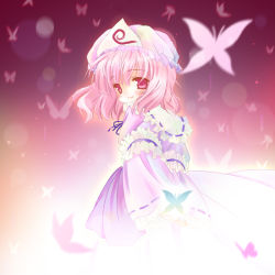 Rule 34 | 1girl, animal, arm garter, blue dress, blush, bug, butterfly, closed mouth, collar, dress, female focus, frills, from behind, hat, insect, japanese clothes, looking at viewer, looking back, natsume eri, pink background, pink eyes, pink hair, saigyouji yuyuko, short hair, simple background, smile, solo, touhou, triangular headpiece, wide sleeves
