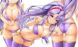 Rule 34 | 1girl, alternate costume, ass, bare arms, bare shoulders, bikini, blue ribbon, breasts, cleavage, collarbone, commission, dutch angle, fire emblem, fire emblem: genealogy of the holy war, grin, groin, hair between eyes, hair ribbon, highres, kamiya tomoe, large breasts, lifted by self, long hair, looking at viewer, multiple views, navel, nintendo, parted bangs, pixiv commission, ponytail, purple bikini, purple eyes, purple hair, purple thighhighs, ribbon, side-tie bikini bottom, simple background, skindentation, smile, strap lift, swimsuit, tailtiu (fire emblem), thighhighs, very long hair, white background