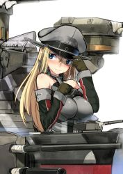 Rule 34 | 10s, 1girl, akasaai, bismarck (kancolle), blonde hair, blue eyes, blush, breasts, cross, detached sleeves, gloves, hat, hat tip, iron cross, kantai collection, large breasts, long hair, looking at viewer, looking away, machinery, military, military hat, military uniform, peaked cap, personification, smile, solo, uniform, white background