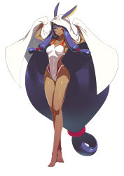 Rule 34 | 1girl, alternate costume, animal ears, breasts, cape, competition swimsuit, dark-skinned female, dark skin, earrings, facial hair, fate (series), feet, full body, highres, ippo, jewelry, large breasts, long hair, medjed (fate), necklace, nitocris (fate), nitocris (fate/grand order), nitocris (swimsuit assassin) (fate), official alternate costume, one-piece swimsuit, purple eyes, purple hair, smile, swimsuit, toes, twintails, white background, white cape