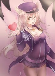 Rule 34 | 1girl, ;d, ahri (league of legends), alternate costume, alternate hairstyle, animal ears, belt, black pantyhose, blonde hair, bow, breasts, cleavage, cowboy shot, epaulettes, facial mark, fang, fox ears, fox tail, grey pantyhose, hair between eyes, hat, hat bow, heart, jewelry, league of legends, pantyhose under shorts, long hair, looking at viewer, multiple tails, necklace, one eye closed, open clothes, open mouth, orange eyes, pantyhose, pantyhose under shorts, peaked cap, popstar ahri, riffey, short shorts, shorts, silver hair, smile, solo, tail, thigh gap, whisker markings
