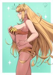 Rule 34 | absurdres, animal print, blonde hair, bra, breasts, cosplay, delicious brain, earrings, highres, horns, jewelry, large breasts, long hair, lum (cosplay), mythra (xenoblade), pointy ears, striped clothes, tiger print, underwear, xenoblade chronicles (series), xenoblade chronicles 2