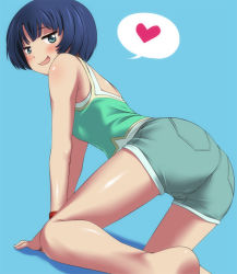 Rule 34 | 10s, 1girl, all fours, ano natsu de matteru, aqua eyes, arm support, ass, bare legs, bare shoulders, blue background, blue hair, blush, camisole, casual, digdug006, from behind, heart, legs, long legs, looking at viewer, looking back, naughty face, open mouth, short hair, short shorts, shorts, simple background, smirk, solo, spoken heart, tanigawa kanna, thighs