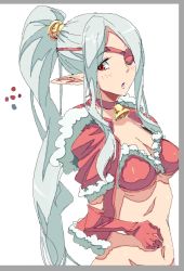 Rule 34 | 1girl, aliasing, amami amayu, bell, blush, elf, eyepatch, grey hair, long hair, long pointy ears, looking at viewer, pointy ears, red eyes, simple background, solo, white background