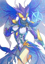 Rule 34 | 1girl, absurdres, antennae, armor, armored leotard, arthropod girl, bad id, bad pixiv id, blue butterfly, breasts, bug, butterfly, butterfly wings, commentary, covered eyes, cowboy shot, digimon, digimon (creature), english commentary, fur collar, gauntlets, gloves, hair wings, helmet, highres, hudiemon, insect, insect wings, leotard, looking at another, medium breasts, nateasora, open hand, purple gloves, purple hair, see-through, shoulder armor, sidelocks, signature, simple background, smile, solo, white background, wings