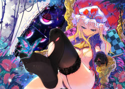 Rule 34 | 1girl, black gloves, black thighhighs, blonde hair, breasts, bug, butterfly, feet, female focus, foot focus, frilled pillow, frills, gap (touhou), garter straps, gloves, hat, insect, jewelry, lace, lace-trimmed legwear, lace trim, large breasts, legs, long hair, naughty face, no bra, no pants, no shoes, open clothes, panties, parasol, pillow, purple eyes, purple panties, ring, sitting, smile, soles, solo, thighhighs, toes, torn clothes, torn thighhighs, touhou, umbrella, underboob, underwear, yakumo yukari, yui (niikyouzou)