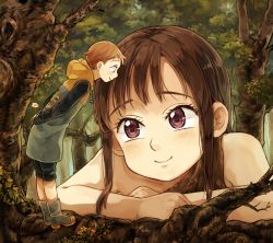 Rule 34 | 10s, 1boy, 1girl, aged down, awa (12687414), bad id, bad pixiv id, blush, brown hair, child, clothed male nude female, diane (nanatsu no taizai), forest, giant, giantess, king (nanatsu no taizai), long hair, looking at another, nanatsu no taizai, nature, nude, purple eyes, short hair, smile