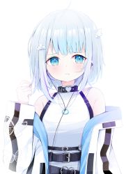 Rule 34 | 1girl, ahoge, amatsuka uto, bare shoulders, belt, belt buckle, black belt, black collar, blue eyes, blue hair, blush, buckle, closed mouth, cloud hair ornament, collar, deyui, hand up, heart o-ring, highres, indie virtual youtuber, jacket, long sleeves, looking at viewer, off shoulder, open clothes, open jacket, shirt, simple background, sleeveless, sleeveless shirt, solo, sweat, transparent background, upper body, virtual youtuber, white background, white jacket, white shirt, wing hair ornament
