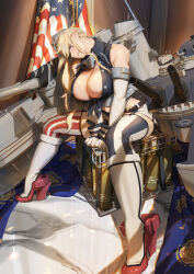 1girl absurdres american_flag ammunition anti-aircraft anti-aircraft_gun autocannon blonde_hair blue_eyes bofors_40_mm_gun breasts cannon cleavage elbow_gloves fingerless_gloves gloves hair_between_eyes hat headgear highres iowa_(kancolle) kantai_collection large_breasts long_hair machinery marble_(stone) marble_floor open_mouth rigging ship_turret sitting skirt star-shaped_pupils star_(symbol) symbol-shaped_pupils thighhighs ye_fan