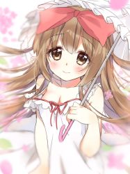 Rule 34 | 1girl, ame usari, bad id, bad pixiv id, bare arms, bare shoulders, blurry, blurry foreground, blush, bow, breasts, brown eyes, brown hair, cleavage, closed mouth, collarbone, commentary request, depth of field, dress, frilled umbrella, frills, hair between eyes, hair bow, hand up, highres, holding, holding umbrella, idolmaster, idolmaster cinderella girls, idolmaster cinderella girls starlight stage, long hair, parasol, petals, red bow, red ribbon, ribbon, sleeveless, sleeveless dress, small breasts, smile, solo, strap slip, umbrella, very long hair, white dress, white umbrella, yorita yoshino