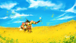 Rule 34 | artist name, blue sky, buzzwole, cloud, creatures (company), cutiefly, day, eye contact, field, flower, flower field, flying, game freak, gen 7 pokemon, hand on own hip, horizon, insect wings, legendary pokemon, looking at another, muscular, nintendo, no humans, outdoors, outstretched arm, petals, pokemon, pokemon (creature), pokemon sm, rapeseed blossoms, signature, size difference, sky, standing, tarai (silica5), ultra beast, wings