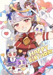 Rule 34 | 1girl, :d, animal ears, blue bow, blush, border, bow, bowtie, brown headwear, cake, candy, chibi, collared shirt, commentary, dated, ear bow, elbow gloves, food, fruit, gloves, gold ship (umamusume), grey background, grey hair, happy birthday, heart, heart-shaped lollipop, high collar, highres, horse ears, horse girl, lollipop, looking at viewer, mejiro mcqueen (umamusume), nakayama festa (umamusume), nepipi, notice lines, open mouth, orfevre (umamusume), outside border, pennant, pillbox hat, plate, red eyes, red shirt, school uniform, shaped lollipop, shirt, simple background, sleeveless, sleeveless shirt, smile, solo focus, sparkle, spoken heart, strawberry, symbol-only commentary, tracen school uniform, umamusume, upper body, v, v over head, white border, white gloves