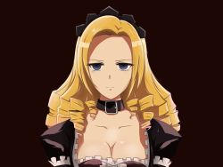 Rule 34 | 1girl, blonde hair, blue eyes, breasts, brown background, cleavage, collar, collarbone, drill hair, expressionless, highres, kyer0704, large breasts, long hair, looking at viewer, maid, maid headdress, overlord (maruyama), shiny skin, simple background, solo, solution epsilon, upper body, victorian maid