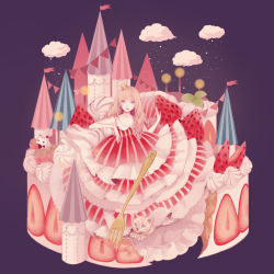 Rule 34 | 1girl, blonde hair, blue eyes, cake, candle, castle, cat, cloud, crown, dress, flag, food, fork, fruit, layered dress, looking at viewer, mokaffe, original, parted lips, rain, solo, strawberry, striped clothes, striped dress, wavy hair