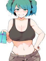 Rule 34 | 1girl, absurdres, alternate costume, banned artist, bare shoulders, blue eyes, blue hair, blush, box, breasts, cleavage, collarbone, cowboy shot, crop top, flying sweatdrops, gift, grin, hair bobbles, hair ornament, hand on own hip, hand up, hekiga (freelot), highleg, highleg panties, highres, holding, holding box, holding gift, incoming gift, kawashiro nitori, large breasts, looking at viewer, midriff, navel, panties, simple background, smile, solo, swept bangs, touhou, two side up, underwear, white background
