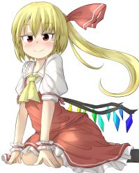 Rule 34 | 1girl, all fours, bad id, bad nicoseiga id, blonde hair, blush, blush stickers, bow, breasts, dress, fangs, flandre scarlet, fran (goshujin-sama to kemonomimi no shoujo meru), fran (shironeko project), hair bow, highres, long hair, looking at viewer, makin tama, red bow, red dress, red eyes, short sleeves, solo, touhou, white background
