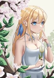 Rule 34 | 1girl, alternate breast size, bare arms, bare shoulders, blonde girl (popopoka), blue eyes, blue ribbon, borrowed character, braid, breasts, brown flower, cherry blossoms, choker, cleavage, collarbone, flower, hair ribbon, hand up, highres, holding, holding flower, large breasts, oeffe (oeffe blank), original, ribbon, ribbon choker, solo, tree