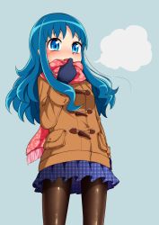 Rule 34 | 1girl, black gloves, black pantyhose, blue background, blue eyes, blue hair, blue skirt, blush, cold, fang, gloves, heartcatch precure!, kanichiri, kurumi erika, long hair, looking at viewer, open mouth, pantyhose, pink scarf, plaid, plaid skirt, precure, scarf, simple background, skirt, solo, standing