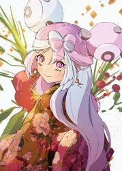 Rule 34 | 1girl, alternate costume, anidf, blush, bow-shaped hair, character hair ornament, closed mouth, commentary request, creatures (company), earrings, eyelashes, floral print, game freak, hair ornament, highres, iono (pokemon), japanese clothes, jewelry, kimono, long hair, looking to the side, multicolored hair, nintendo, pink eyes, pokemon, pokemon sv, purple hair, solo, two-tone hair, upper body, white background