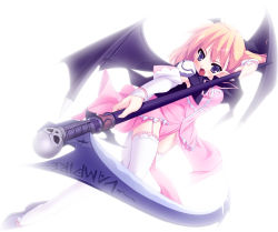 Rule 34 | 00s, 1girl, full body, garter straps, night wizard, night wizard mahou taisen, pointy ears, scythe, simple background, solo, thighhighs, urotan, white background, white thighhighs, wings