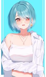 1girl absurdres blue_background blue_hair camisole collarbone earrings glasses gradient_hair haru_(haru83380282) highres jewelry midriff_peek multicolored_hair necklace open_clothes open_shirt parted_lips red_eyes shiranami_ramune shirt short_hair single_bare_shoulder single_earring single_off_shoulder sleeves_past_fingers sleeves_past_wrists solo spaghetti_strap upper_body virtual_youtuber vspo! white_camisole white_shirt