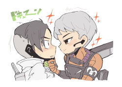 Rule 34 | 1boy, 1girl, animification, apex legends, black hair, blush, bodysuit, crypto (apex legends), from side, gloves, hand on another&#039;s chin, headset, highres, jetpack, nojima minami, open mouth, orange bodysuit, orange gloves, smile, sparkle, surprised, valkyrie (apex legends), white background, white hair