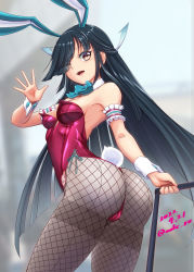 Rule 34 | 1girl, animal ears, aqua bow, aqua bowtie, ass, black hair, bow, bowtie, breasts, brown eyes, collarbone, covered navel, dated, detached collar, fake animal ears, fake tail, fishnet pantyhose, fishnets, grey pantyhose, hair over one eye, hayashimo (kancolle), hime cut, kantai collection, leotard, long hair, looking at viewer, moke ro, open mouth, pantyhose, playboy bunny, purple leotard, rabbit ears, rabbit tail, red eyes, sign, small breasts, smile, solo, strapless, strapless leotard, tail, very long hair, wrist cuffs