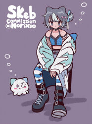 1girl animal animal_ears aqua_jacket artist_name bare_shoulders belt black_collar black_sleeves blue_camisole blue_pantyhose blush boots camisole cat_ears chair collar commission crop_top detached_sleeves fishnet_sleeves fishnets full_body grey_background grey_eyes grey_footwear grey_hair highres jacket midriff multicolored_clothes multicolored_hair multicolored_jacket navel norixio octopus off-shoulder_jacket off_shoulder original oversized_jacket pantyhose short_hair sitting skeb_commission sleepy solo_focus star_(symbol) striped_clothes striped_pantyhose two-tone_hair two-tone_jacket white_hair white_jacket white_pantyhose