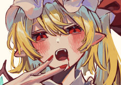 Rule 34 | 1girl, absurdres, blonde hair, blood, blood on face, crystal wings, flandre scarlet, hat, hat ribbon, highres, open mouth, pointy ears, red eyes, red nails, red ribbon, ribbon, side ponytail, simple background, solo, touhou, upper body, white background, white mob cap, xelan0m