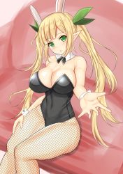 Rule 34 | 1girl, :o, animal ears, bare shoulders, blonde hair, blush, breasts, cleavage, covered navel, detached collar, elf, fake animal ears, fishnet pantyhose, fishnets, foreshortening, green eyes, green ribbon, hair ribbon, head tilt, large breasts, leotard, long hair, looking at viewer, noeomi, pantyhose, playboy bunny, pointy ears, rabbit ears, ribbon, sennen sensou aigis, shiny skin, sitting, solo, spica (sennen sensou aigis), twintails, wrist cuffs