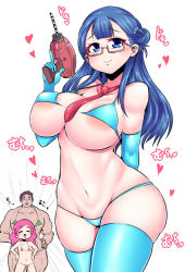 Rule 34 | 10s, 1boy, 2girls, ^ ^, arm behind back, bikini, black hair, blue bikini, blue eyes, blue gloves, blue hair, blue thighhighs, blush stickers, breasts, bukatsu (clubactivity), closed eyes, closed mouth, commentary request, drill, elbow gloves, glasses, gloves, green bikini, hair bun, hands on own hips, heart, hugtto! precure, large breasts, looking at viewer, micro bikini, multiple girls, muscular, navel, necktie, nono hana, nono shintarou, open mouth, pink-framed eyewear, power drill, power tool, precure, red bikini, red neckwear, semi-rimless eyewear, short hair, simple background, single hair bun, swimsuit, thighhighs, under-rim eyewear, white background, wide hips, yakushiji saaya