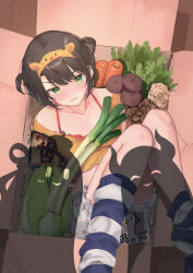 Rule 34 | 1girl, bloomers, blue socks, bound, box, bra, bra peek, brown hair, carrot, commentary request, cropped shirt, evil smile, feet out of frame, green eyes, hairband, highres, himemori luna, hololive, in box, in container, loose socks, loungewear, mochiyuki (gigfor1), mushroom, official alternate costume, official alternate hairstyle, oozora subaru, oozora subaru (loungewear), orange bra, polka dot, polka dot bloomers, shadow, shiitake, shirt, short hair, short sleeves, smile, socks, spring onion, striped clothes, striped socks, subaru duck, swept bangs, tied up (nonsexual), two side up, underwear, virtual youtuber, white bloomers, yellow hairband, yellow shirt, yuzuki choco