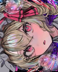 Rule 34 | 1girl, absurdres, blonde hair, fang, flandre scarlet, hat, highres, mob cap, momae makku, one side up, open mouth, red eyes, red ribbon, ribbon, skin fang, solo, touhou, white hat