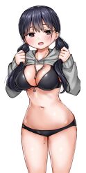 1girl bikini black_bikini black_hair boku_no_kokoro_no_yabai_yatsu breasts brown_eyes clothes_lift commentary_request cowboy_shot grey_hoodie highres holding holding_own_hair hood hoodie hoodie_lift large_breasts light_blush long_hair long_sleeves looking_at_viewer mole mole_on_neck navel open_mouth simple_background solo standing stomach swimsuit twintails white_background yamada_anna zeroasann