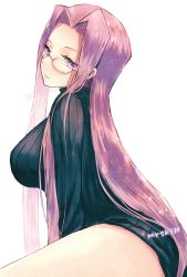 Rule 34 | 1girl, black sweater, breasts, fate/stay night, fate (series), female focus, forehead, glasses, hair intakes, large breasts, long hair, long sleeves, looking at viewer, matching hair/eyes, medusa (fate), medusa (rider) (fate), murasaki yuna, official alternate costume, parted bangs, purple eyes, purple hair, ribbed sweater, simple background, smile, solo, sweater, thighs, turtleneck, turtleneck sweater, very long hair, white background
