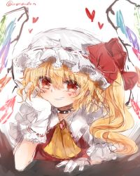 Rule 34 | 1girl, ascot, blonde hair, blush, bow, collar, colorized, crystal, flandre scarlet, gloves, hat, hat bow, heart, highres, kuromitsu maria, looking at viewer, mob cap, ponytail, puffy sleeves, red eyes, shirt, short hair, short sleeves, side ponytail, simple background, sketch, smile, solo, spiked collar, spikes, teeth, touhou, twitter username, vest, white background, white gloves, wings