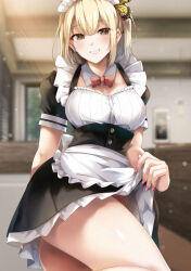 Rule 34 | 1girl, ass, blonde hair, blush, breasts, brown eyes, clothes lift, detached collar, earrings, grin, hair ornament, highres, jewelry, large breasts, lifted by self, looking at viewer, maid, medium breasts, official art, pink nails, ryouma (galley), skirt, skirt lift, smile, solo, yumeochi - yume de bokura wa koi ni ochiru