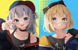 Rule 34 | 2girls, :d, bare shoulders, baseball cap, black choker, black headwear, black jacket, black shirt, black tank top, blonde hair, blue background, blue eyes, blue hair, blue jacket, blush, character name, choker, claw pose, clothes writing, collarbone, commentary request, gawr gura, grey hair, grin, hair ornament, halftone, halftone background, hand up, hat, highres, hololive, hololive english, jacket, long hair, long sleeves, looking at viewer, multicolored hair, multiple girls, nail polish, off shoulder, open clothes, open jacket, open mouth, puffy long sleeves, puffy sleeves, romaji commentary, seboneko, sharp teeth, shirt, short hair, sleeves past wrists, smile, streaked hair, tank top, teeth, tongue, tongue out, two-tone background, two side up, upper body, virtual youtuber, watson amelia, yellow background