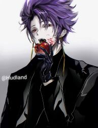 Rule 34 | 1boy, absurdres, apple, black gloves, black jacket, black sweater, blood, blood on face, commentary, earrings, english commentary, fang, food, fruit, gloves, gradient background, highres, holding, holding food, holding fruit, jacket, jewelry, male focus, open mouth, red eyes, saibou shinkyoku, short hair, solo, sweater, theodore riddle, turtleneck, turtleneck sweater, tuzi5484, upper body